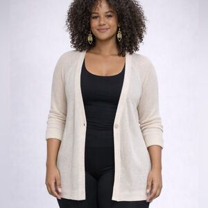 Garnet Hill lightweight knit cardigan soft neutral cream / oatmeal tone.
